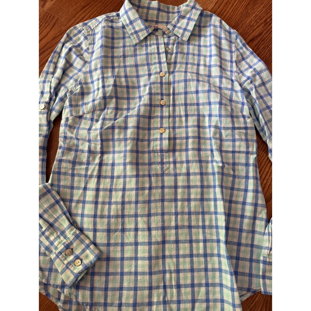 Vineyard Vines Womens 2 Blue Green Plaid Linen Cotton Roll Tab Sleeve Shirt